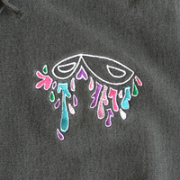 100% cotton, charcoal coloured hoodie with emobroidery detail of qumooth eyes with colourful tears by Kukijijo