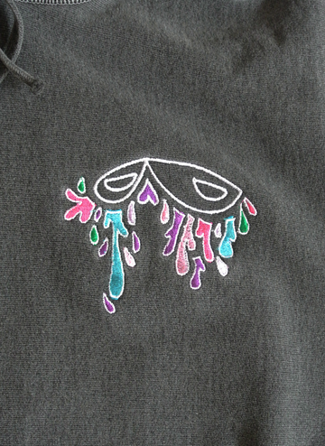 100% cotton, charcoal coloured hoodie with emobroidery detail of qumooth eyes with colourful tears by Kukijijo